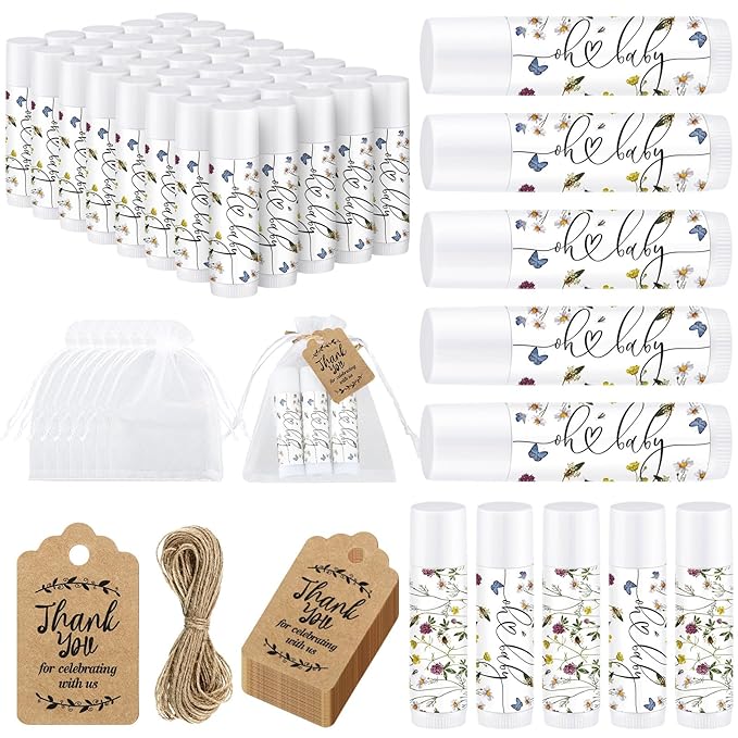 Demissle 50 Pcs Baby Shower Lip Balm Gift Set with 100 Pcs Organza Bags Baby Shower Party Favor for Guest Thank You Tag Rope Baby Shower Party Decoration Gender Reveal Souvenirs(Purple Flower)-Velvo Beauty