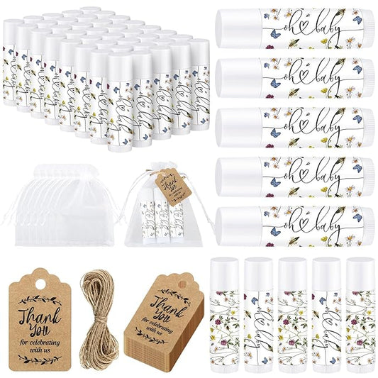 Demissle 50 Pcs Baby Shower Lip Balm Gift Set with 100 Pcs Organza Bags Baby Shower Party Favor for Guest Thank You Tag Rope Baby Shower Party Decoration Gender Reveal Souvenirs(Purple Flower)-Velvo Beauty