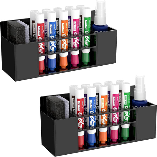 HBlife 2 Pcs Acrylic Magnetic Dry Erase Marker Holder for Whiteboard, Wall Mount 10 Slots Magnet Pen Pencil Holder for Fridge Refrigerator, Locker Organizer Accessories for Classroom Office, Black-Velvo Beauty
