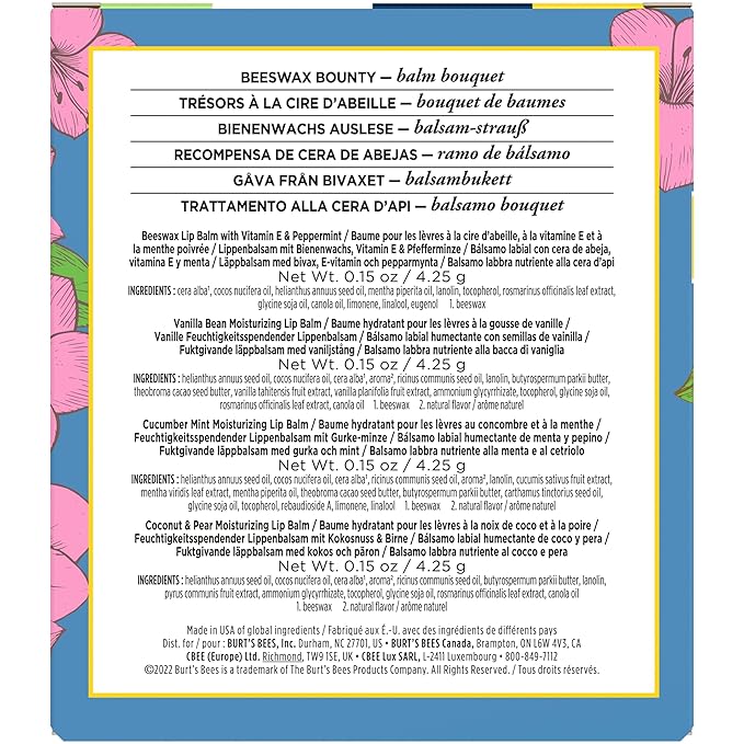 Burt's Bees Lip Balm Mothers Day Gifts for Mom - Balm Bouquet Set, Original Beeswax, Vanilla Bean, Cucumber Mint, Coconut & Pear Pack, Natural Origin Lip Treatment With Beeswax, 4 Tubes, 0.15 oz.-Velvo Beauty