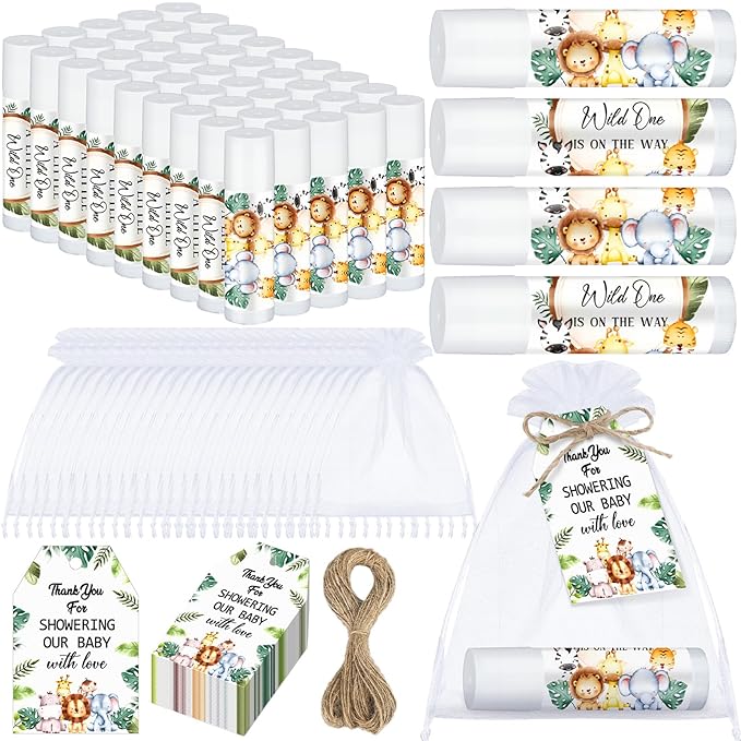 Dunzy 50 Pack Baby Shower Party Gifts Favors Bulk Lip Balms for Guests Boys Girls Games Neutral Gender Reveal Favors Baby Shower Prizes Souvenirs Bags Stuffer(Jungle Animal)-Velvo Beauty