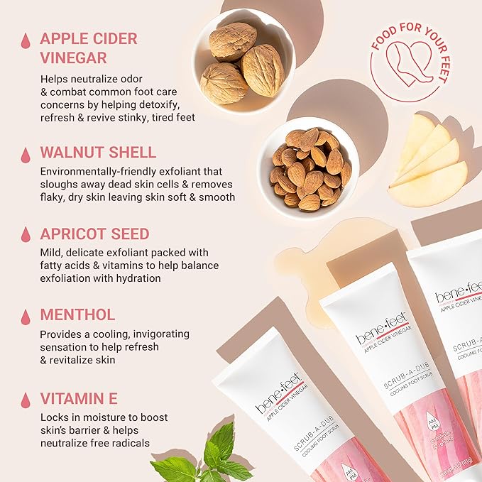 Benefeet Scrub-A-Dub Cooling Foot Scrub - Exfoliates + Refreshes Dry + Dull Skin, Get Smoother Skin from Heel to Toe, Made w/Vitamin E, Apple Cider Vinegar, Walnut Shell + Apricot Seed, 4 oz (3 Pack)-Velvo Beauty