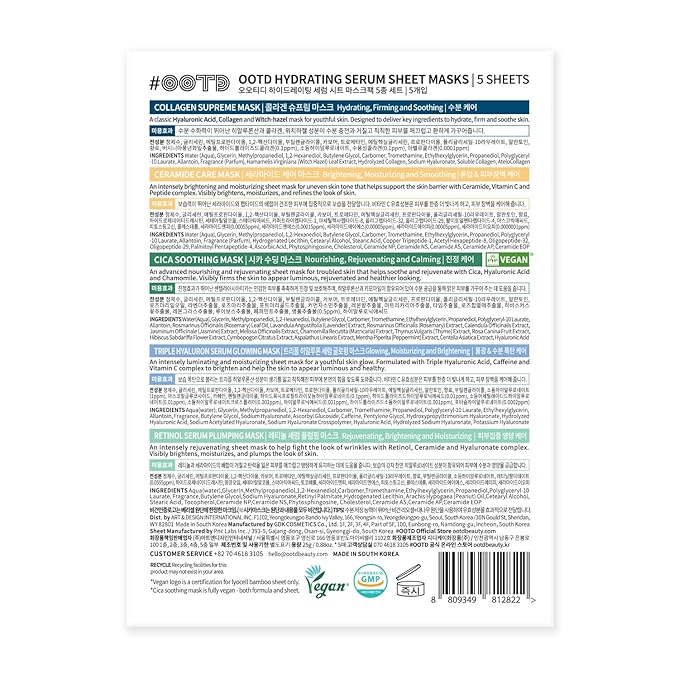 Hydrating Sheet Mask Starter Kit Variety Pack for Skin Care, Dry, Ance, Sensitive Skin, Korean Vegan Facial Sheet Mask for Men & Women, Collagen, Cica, Ceramide, Hyaluron, Retinol 5EA-Velvo Beauty