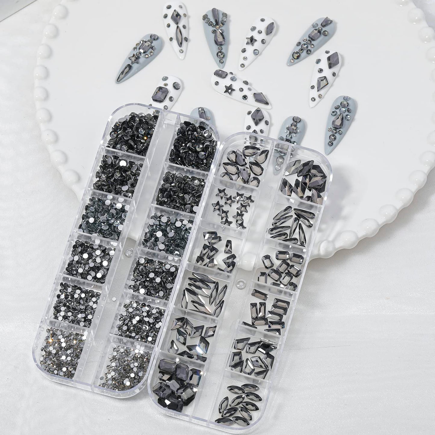 HNUIX Nail Rhinestones - 3D Multi Shape Size Crystal, Transparent Gray Nail Gems, Flat Back, with Kit, for Nail Art, DIY Decorations-Velvo Beauty