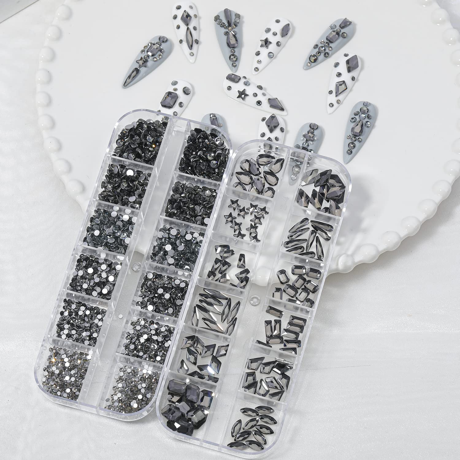 HNUIX Nail Rhinestones - 3D Multi Shape Size Crystal, Transparent Gray Nail Gems, Flat Back, with Kit, for Nail Art, DIY Decorations-Velvo Beauty