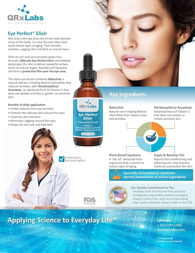 Eye Perfect Elixir - With Bakuchiol (Retinol Alternative), Pure Argan and Rosehip Oils, Squalane, Vitamin C & E - Best Anti-Aging Treatment Serum for Bags, Puffiness, Wrinkles, Crow Feet-Velvo Beauty