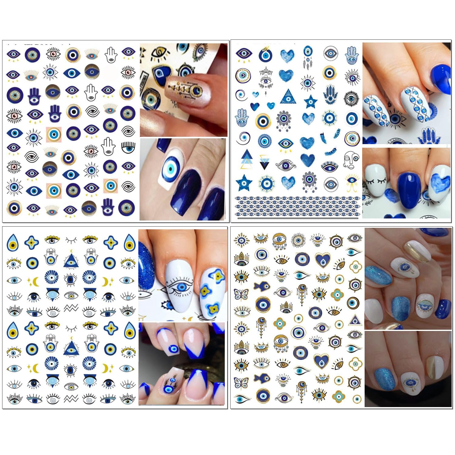 14 Sheets Evil Eye Nail Stickers, 3D Turkish Blue Eye Design Nail Art Decals, Self Adhesive Hamsa Hand of Fatima Manicure Decorations-Velvo Beauty