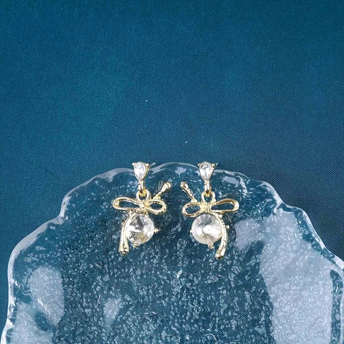 Vintage Rhinestone Bow Drop Earrings Gold Teardrop Crystal Earrings Round Cut Stud Earrings Bow Crystal Bridal Earrings Jewelry for Women-Velvo Beauty
