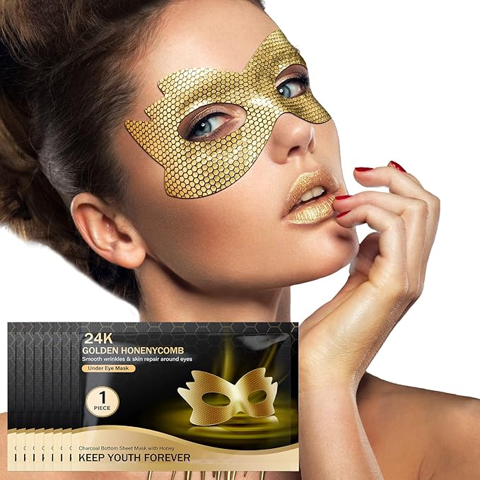 24k Gold Eye Masks, Under Eye Patches Honeycomb Eye Treatment Mask for Dark Circles and Puffiness, Eye Care Pads Skincare Reduce Puffy Wrinkles Eye Patch Gift for Adults Women Men Kids Girls -8 PCS-Velvo Beauty