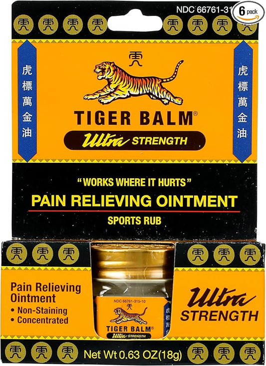 Tiger Balm Ultra Strength Rub Balm, Alcohol Free, Cruelty Free, 0.63 Ounce (Pack of 6)-Velvo Beauty