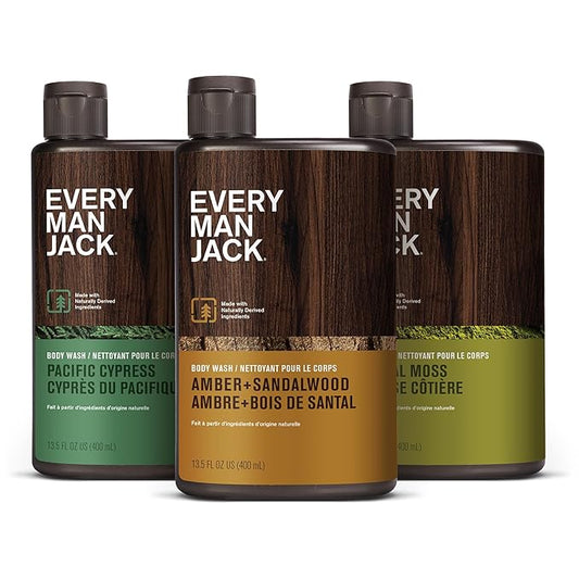 Every Man Jack Hydrating Mens Body Wash - Cleanse, Nourish, and Hydrate Skin with Naturally Derived Ingredients - Paraben Free - Amber + Sandalwood, Pacific Cypress and Coastal Moss - 3pk-Velvo Beauty