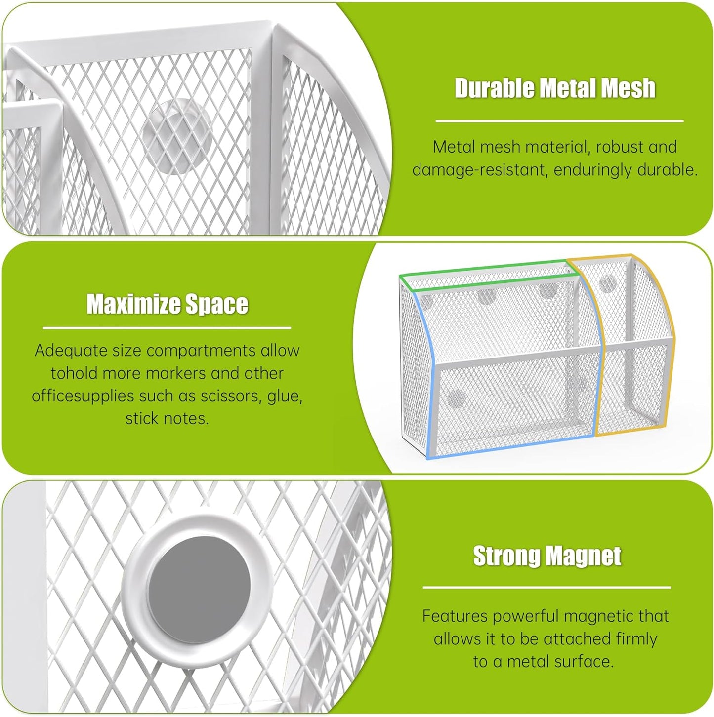 YINGHUA Strong Magnetic Pen Holder for Whiteboard and Refrigerator 3 Compartments Metal Mesh Organizer Space Saving Shelf for Office School Home and Locker - White-Velvo Beauty