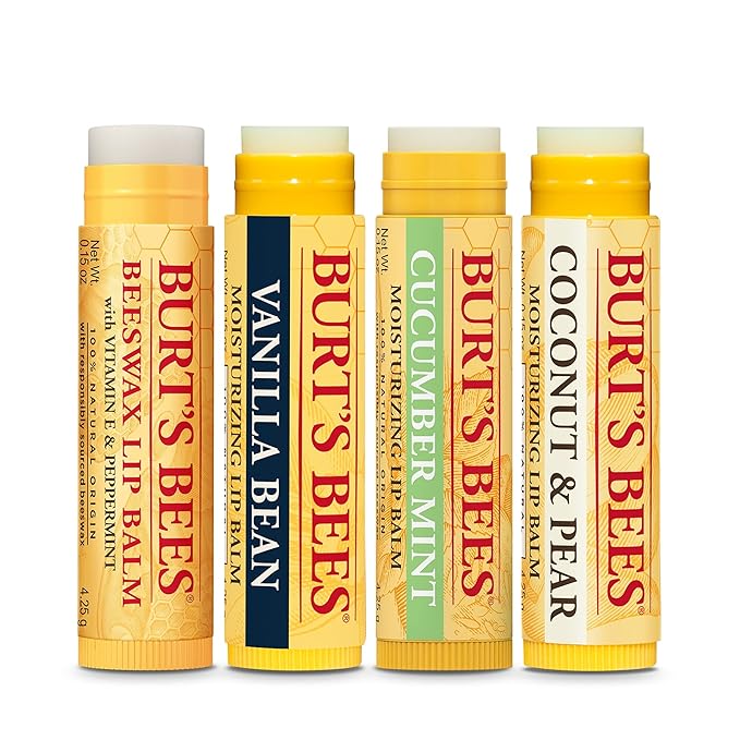 Burt’s Bees Holiday Gift, 4 Lip Balm Stocking Stuffer Products, Beeswax Bounty Assorted Set - Original Beeswax, Vanilla Bean, Cucumber Mint & Coconut Pear (Old Verison)-Velvo Beauty
