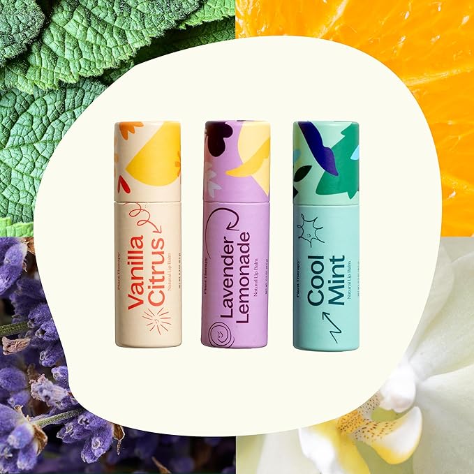 Plant Therapy Love Your Lips Lip Balm Trio Set 0.9 oz (25.5 g) Simple, Natural Ingredients & Packaged in Eco-Friendly Recyclable Cardboard, Refreshing Flavors Including: Lavender Lemonade, Vanilla Citrus, Cool Mint-Velvo Beauty