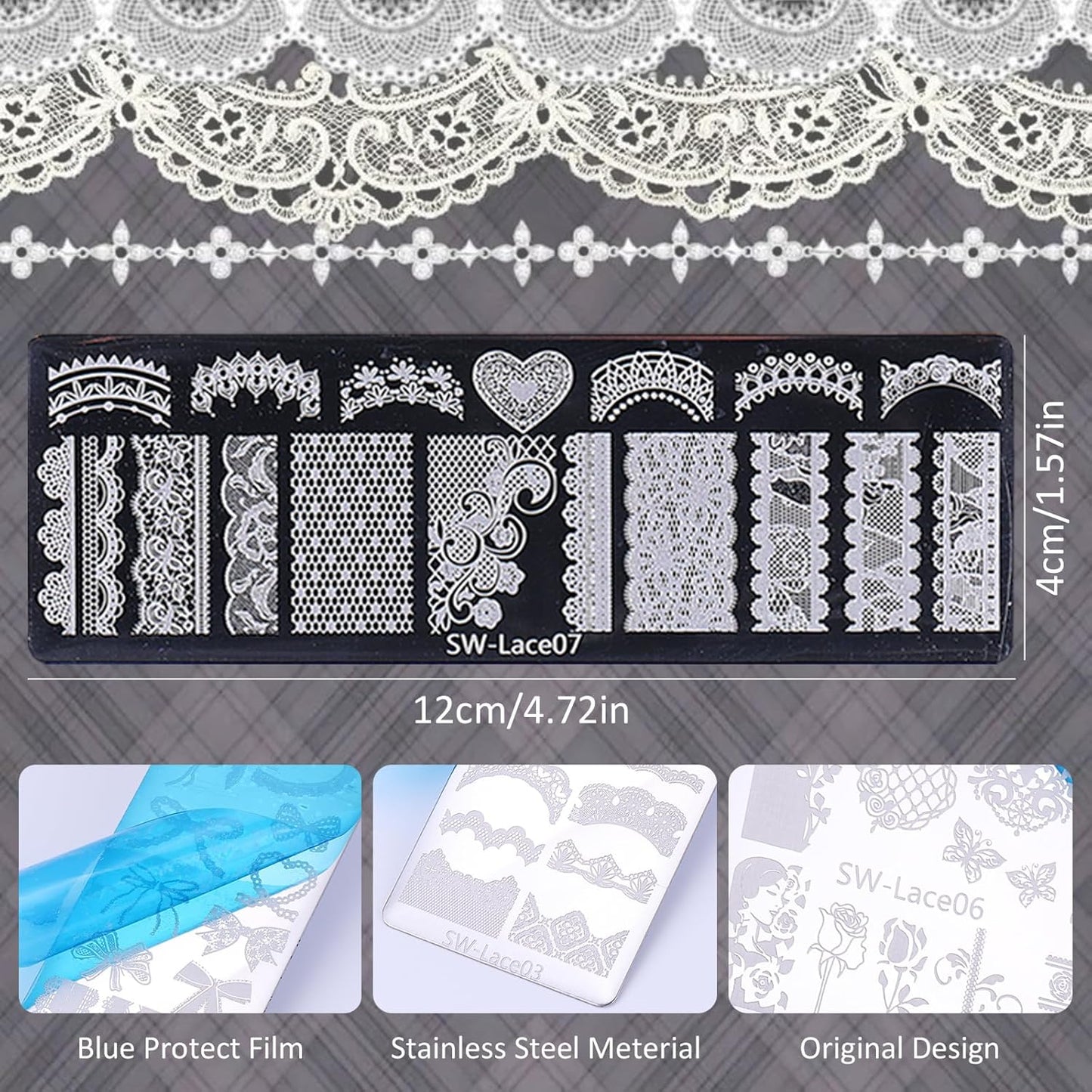 Lace Nail Stamping Plate Set - French Tip Stamp Silicone Nail Stamper Kit Bow Lace Design with Nail Stamp Plates Laser Storage Bag Nail Art Stencil Nail Supplies for Home DIY &Professional Salon-Velvo Beauty