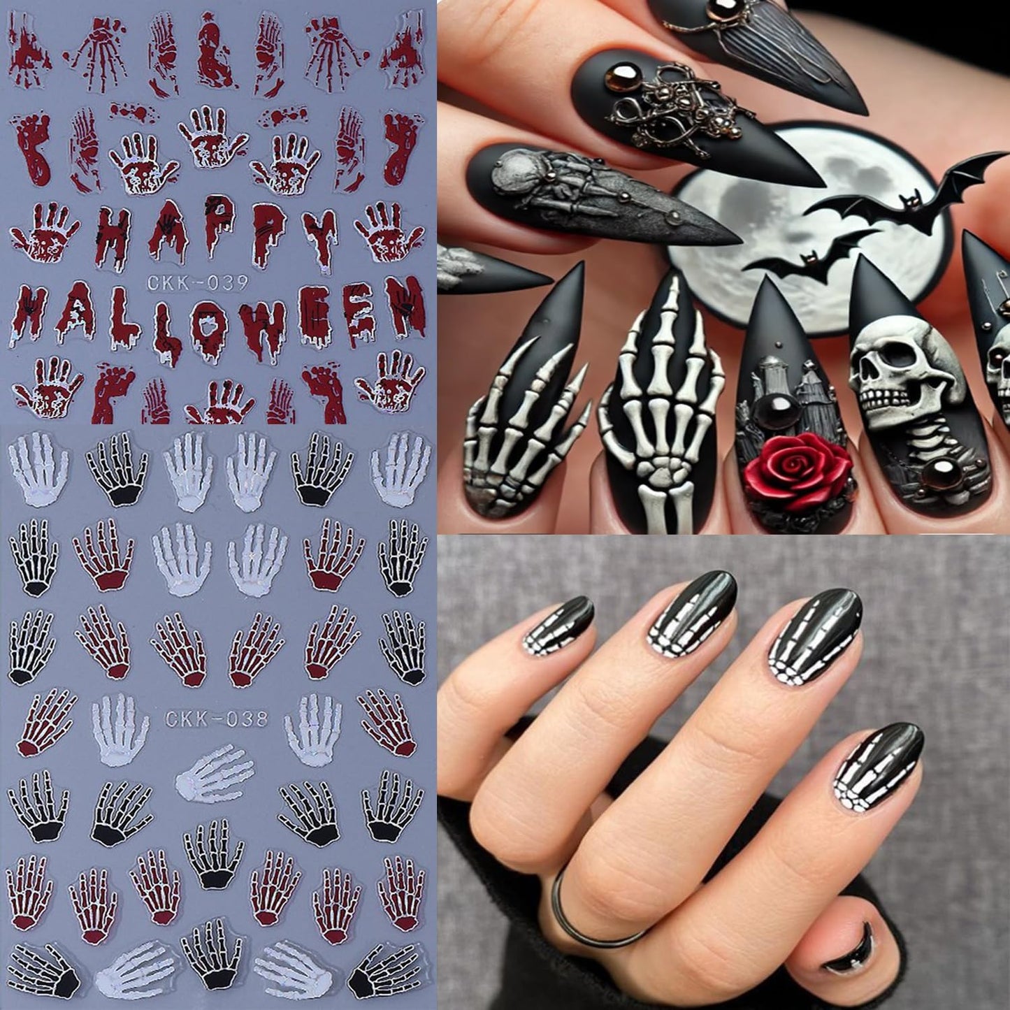 6 Sheets Halloween Nail Art Stickers 3D Self -Adhesive Bloods Hand Skeleton Nail Decals Holographic Blood Knives Nail Stickers Halloween Nail Decoration for Women Manicure Supplies-Velvo Beauty