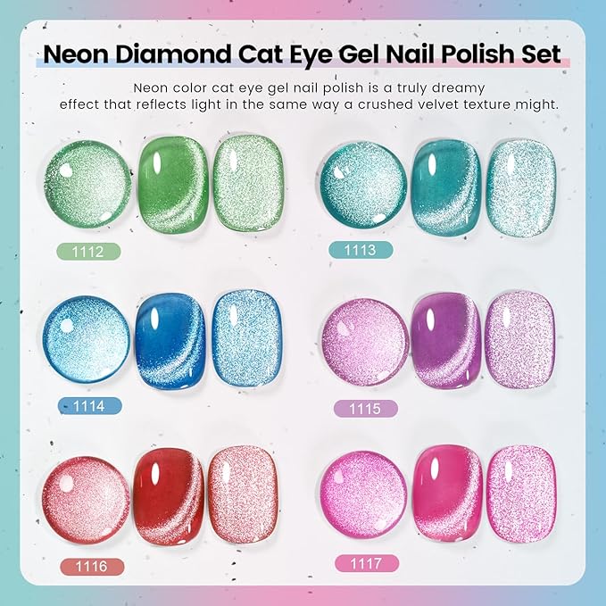 RARJSM Neon Diamond Cat Eye Gel Nail Polish Set 6 Colors Velvet Silver Glitter Bright Green Lake Blue Red Rose Purple Gel Polish with Magnet Stick UV LED Curing Requires Soak Off Home Salon Diy-Velvo Beauty