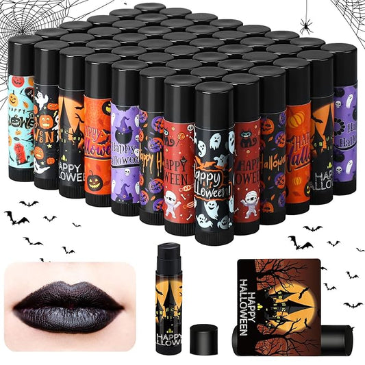 48 Pcs Halloween Spooky Lip Balm Gifts Bulk Black Lip Moisturizers Makeup Lipstick Ghost Spiderweb Skull Bat, Honey Flavor for Halloween Party Treat Bag Stuffers Women Men Adults-Velvo Beauty