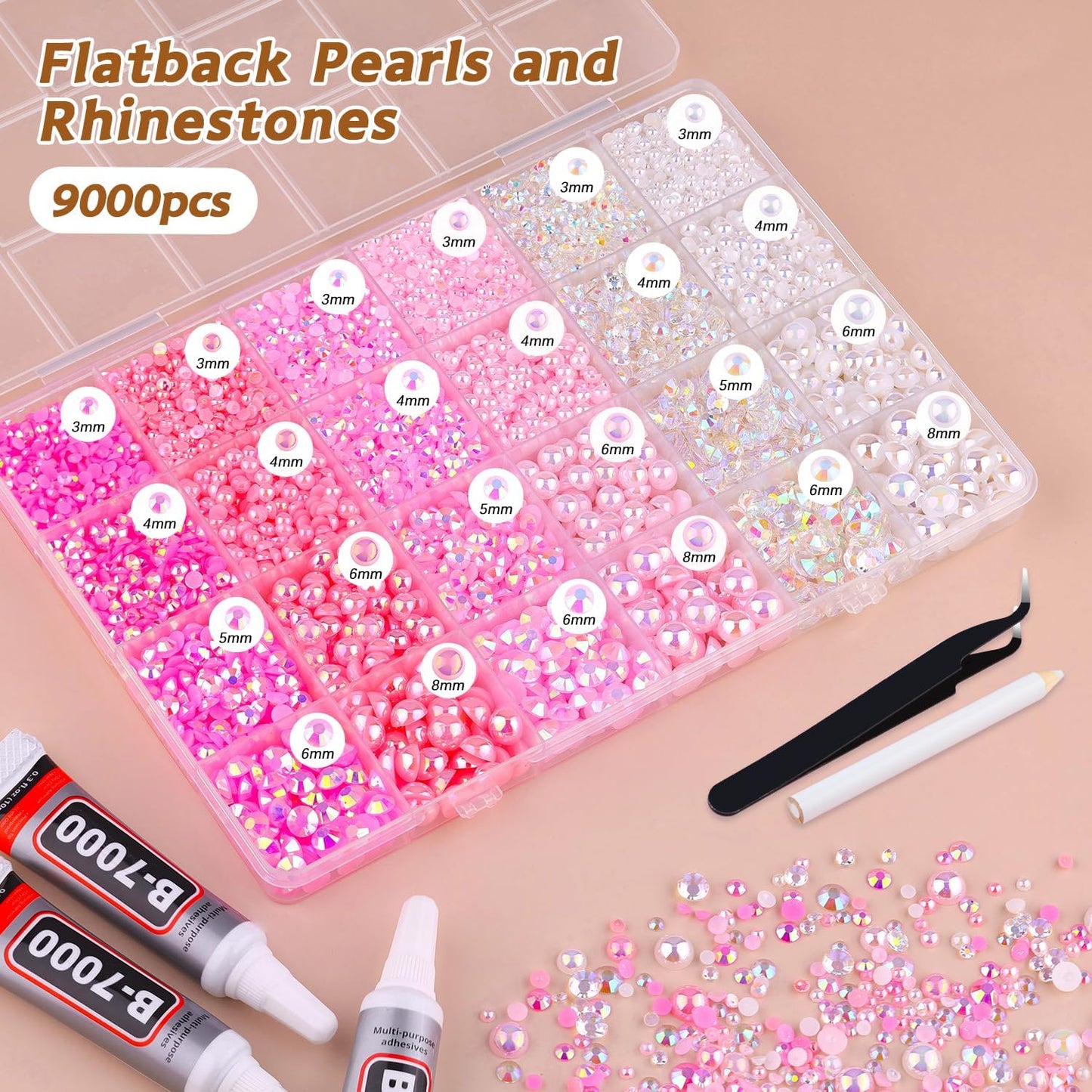 9000PCS Flatback Pearls and Rhinestones for Bedazzling, Pink White 3-10mm Resin Rhinestones and Half Pearls for Crafting, Nail Art and Grad Cap Decor with B7000 Jewelry Glue-Velvo Beauty