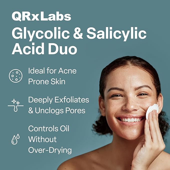 QRxLabs Salicylic & Glycolic Acid Acne Control Pads - 50 Count Jar - Glycolic & Salicylic - Bacne Treatment with Vitamins B5, C & E, Calendula & Green Tea-Velvo Beauty