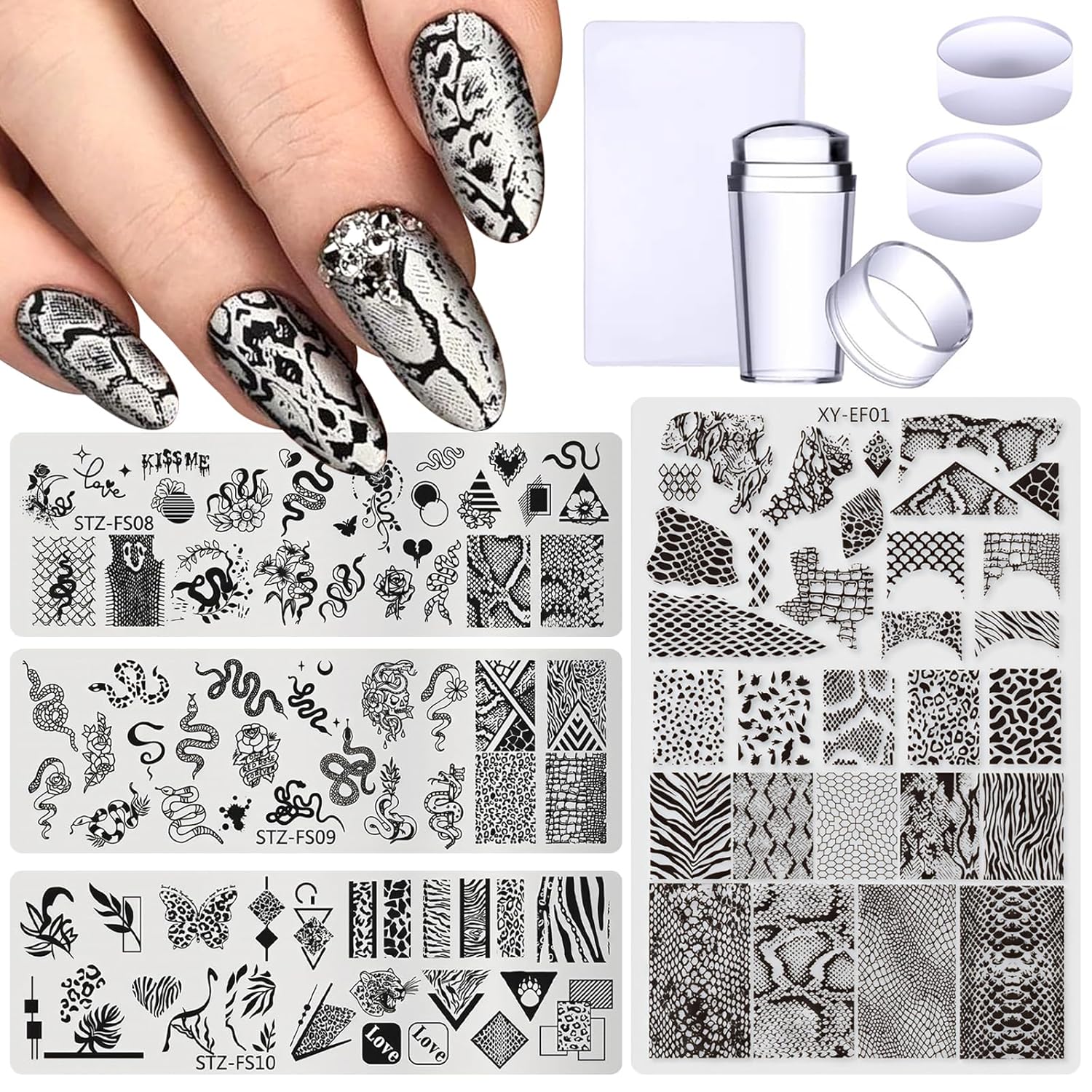 4pcs Snake Leopard Print Nail Stamping Plate Stencil with French Tip Nail Stamper Kit Reusable Salon Nail Set DIY Manicure Supplies Nail Art Tools-Velvo Beauty