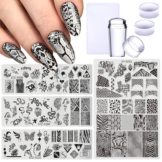 4pcs Snake Leopard Print Nail Stamping Plate Stencil with French Tip Nail Stamper Kit Reusable Salon Nail Set DIY Manicure Supplies Nail Art Tools-Velvo Beauty