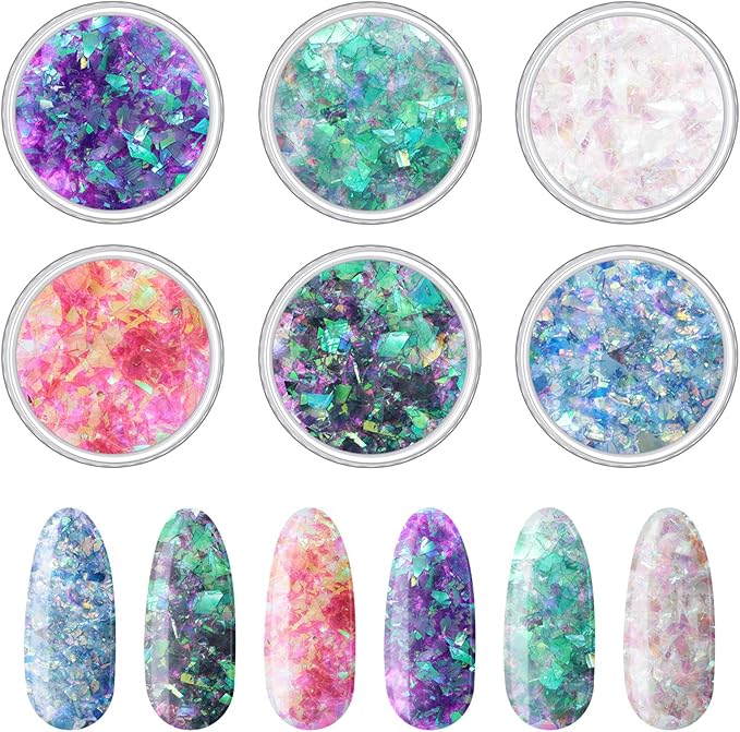 12 Boxes Mermaid Iridescent Chunky Glitter Flakes Chrome Nail Sequins Aurora Holographic Mermaid Nail Glitter Flakes Glitters Chunky Iridescent Flakes for Face Eyes Body Hair Nail Decoration-Velvo Beauty
