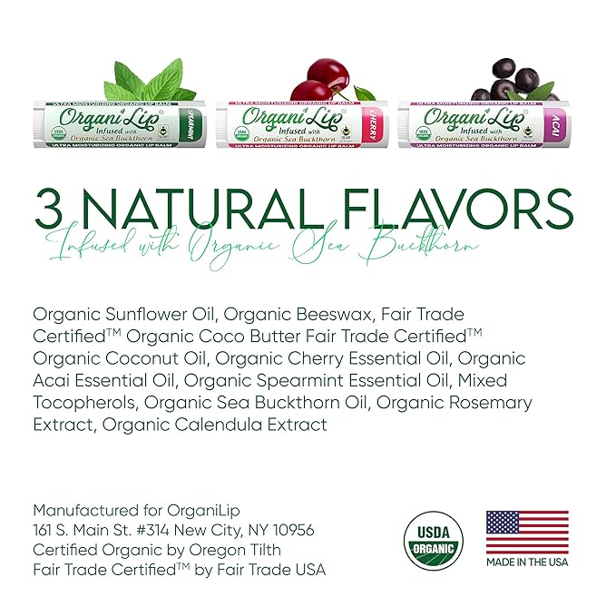 OrganiLip Organic Lip Balm, Variety3 Pack (Spearmint, Cherry, Acai), Ultra Hydrating Lip Moisturizer for Dry Lips, USDA Certified Organic,-Velvo Beauty
