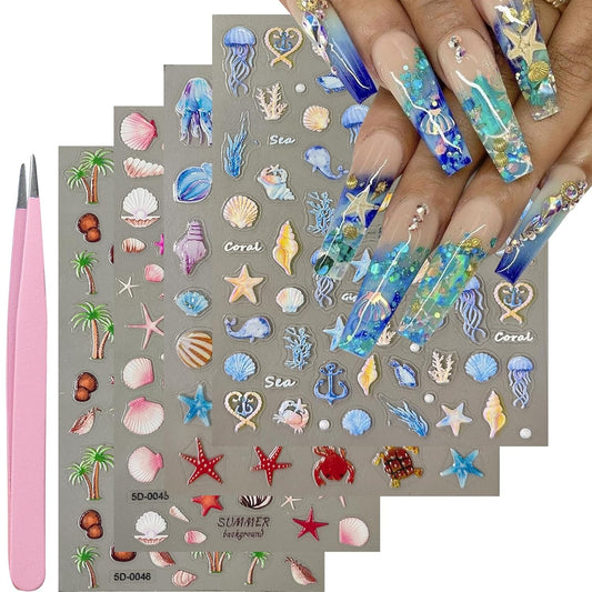 4 Sheets Summer Nail Stickers for Nail Art 5D Summer Nails Decals 3D Self-Adhesive Nails Supplies Accessories Shell Jellyfish Starfish Stickers for Women Nails Decoration-Velvo Beauty