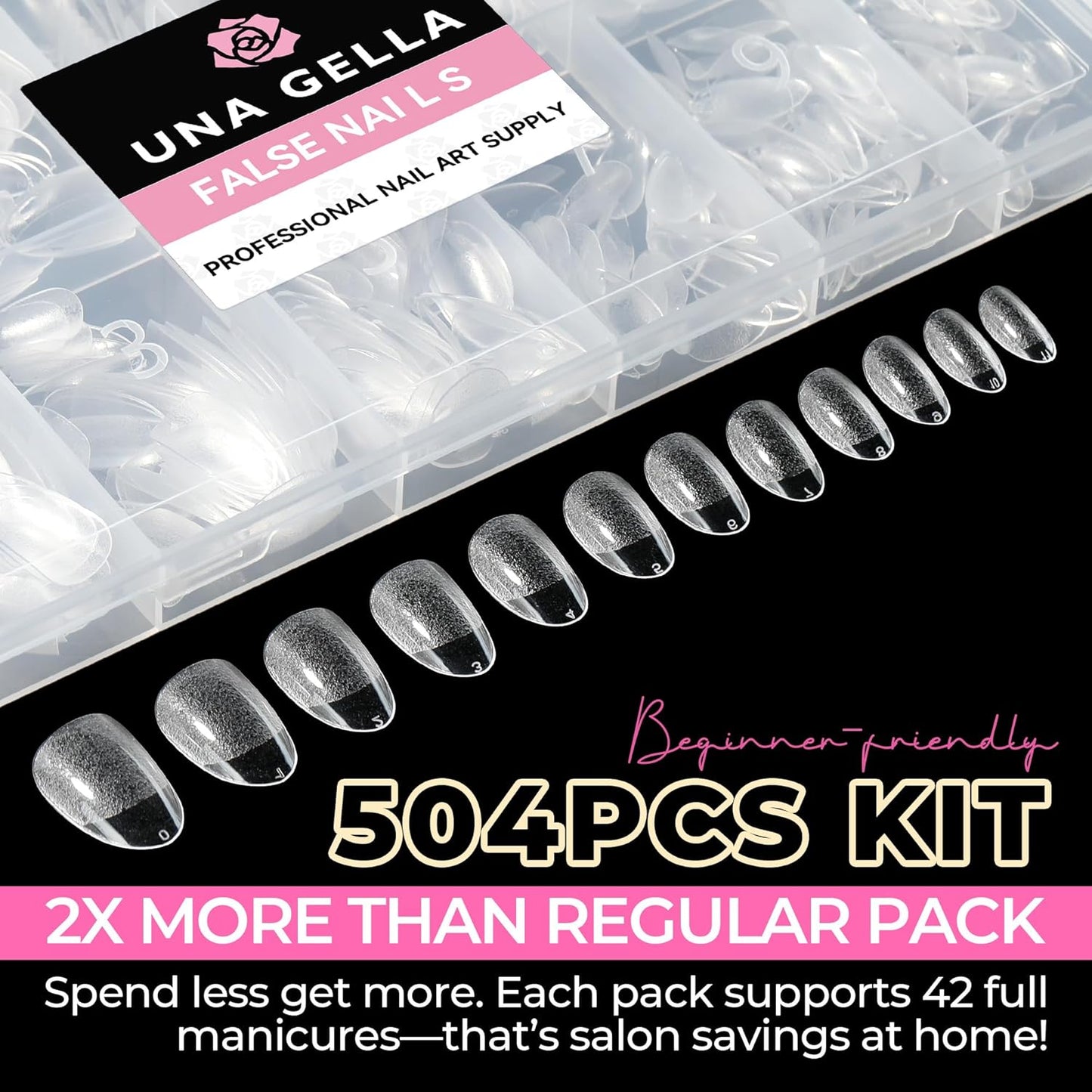 UNA GELLA Short Oval Almond Fake Nails 504pcs Press on Nails Pre-shape Short Almond Round Gel Nail Tips for Full Cover Acrylic False Nails For Nail Extension Home DIY Salon 12 Sizes False Gelly Tips-Velvo Beauty