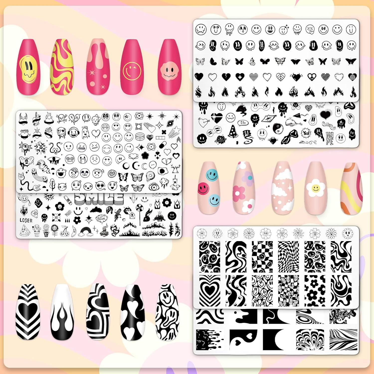 Whaline 6Pcs Smile Face Nail Plates Stamping Set Heart Butterfly Star Flower Smiling Stamp Templates Groovy Nail Art Plates for DIY Print Manicure Salon Design Gift Supplies-Velvo Beauty