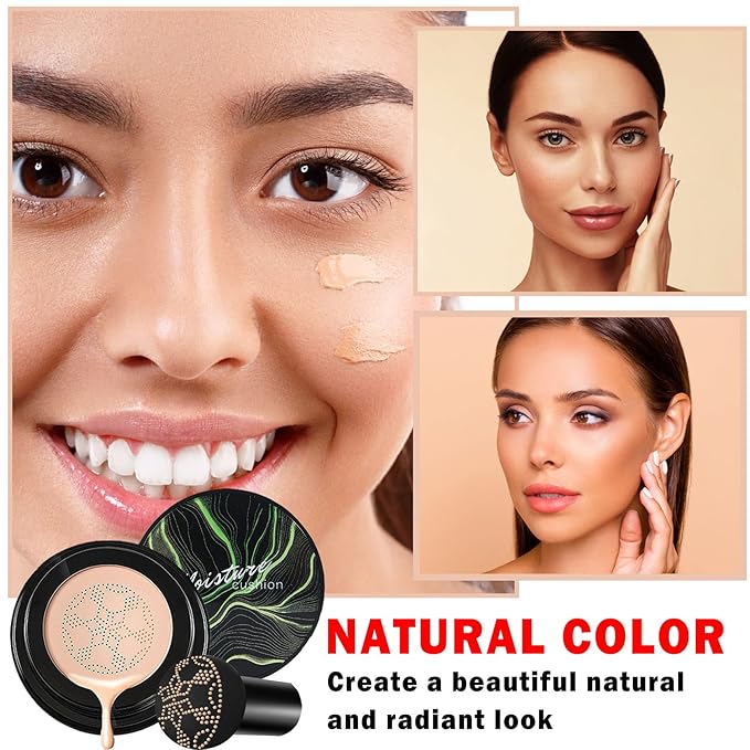 2PCS Mushroom Head Air Cushion CC Cream BB Cream Foundation,Moisturizing Concealer Makeup Base Foundation,Long Lasting Full Coverage Foundation with Mushroom Makeup Sponge(Natural)-Velvo Beauty