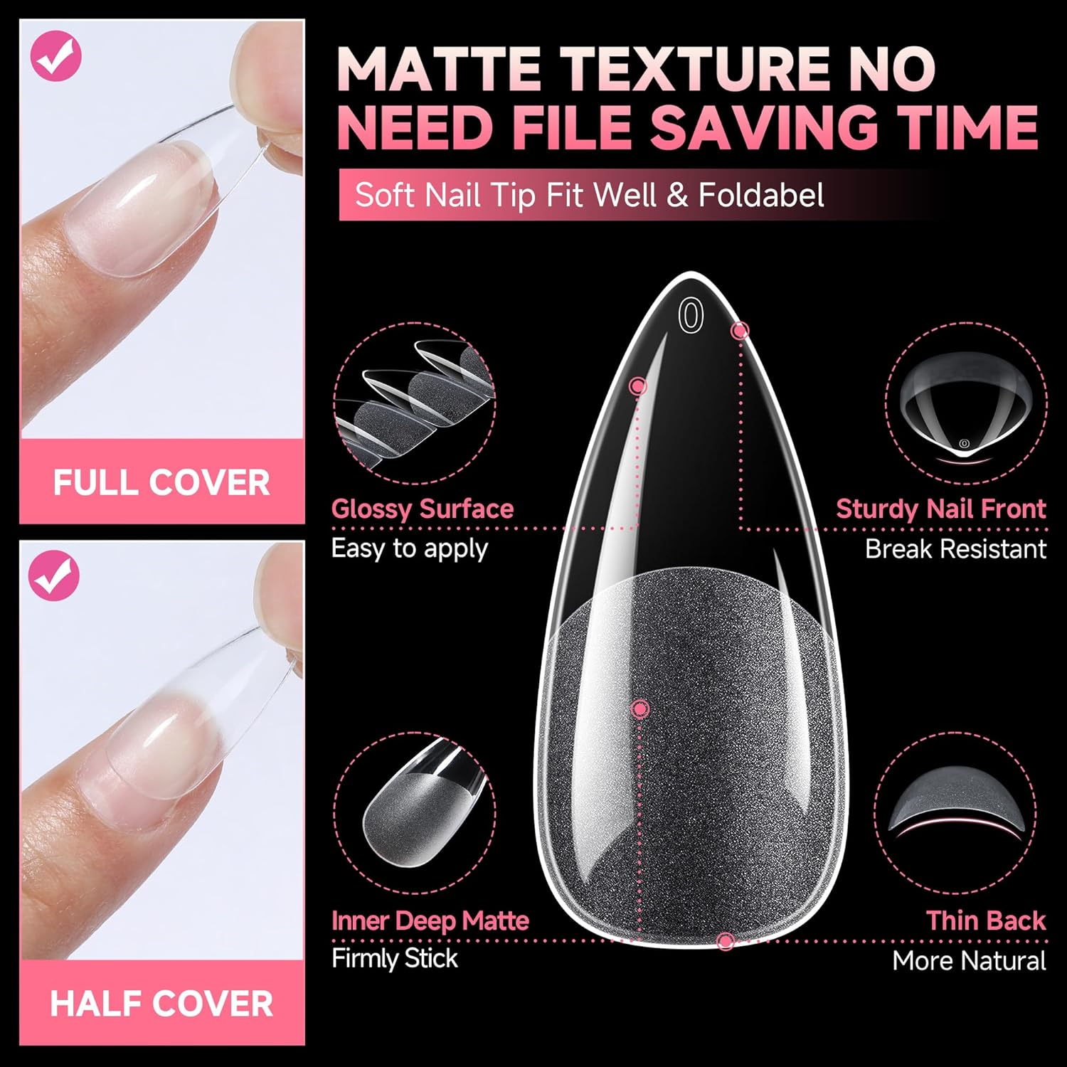 UNA GELLA Stiletto Gel Nails Press On Halloween 504Pcs Medium Almond Stiletto Clear Gel Nail Tips Full Cover Pre-matte Fake False Acrylic Nails for Nail Extensions Home Art Salon 12 Sizes-Velvo Beauty