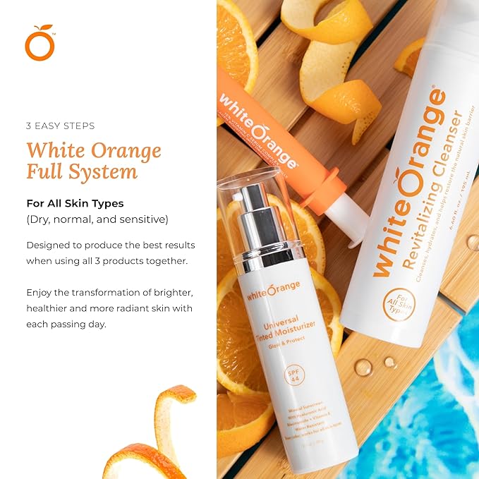 White Orange Full System 3 Step Skincare Routine Premium Anti-Aging Regimen Bundle For Healthy Glowing Skin - Revitalizing Cleanser, Advanced Vitamin C Serum & Universal Tinted Moisturizer with SPF 44-Velvo Beauty