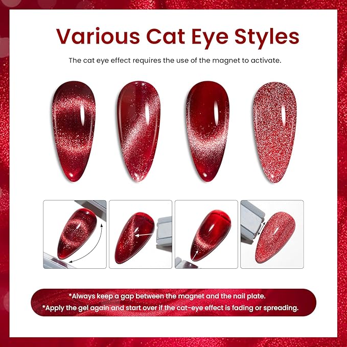 Beetles Cat Eye Gel Nail Polish Set, 6 Colors Glitter Red Pink Shiny Brown Burgundy Purple Blue Green Magnetic Effect Sparkle Stunning Nail Gel Polish Kit Soak Off UV Manicure Gifts for Women-Velvo Beauty