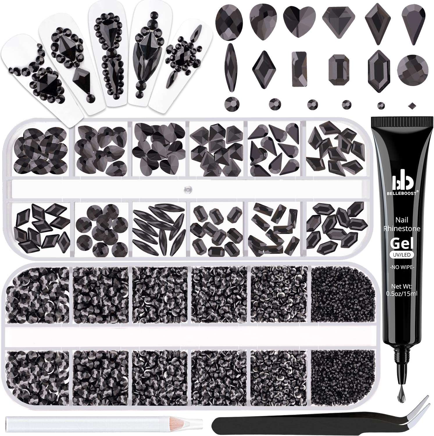 2630Pcs Black Glass Nail Rhinestones: 120Pcs Multi Shapes + 2510Pcs 1.5-4mm Round, Nail Art, Manicure, Craft Beads-Velvo Beauty