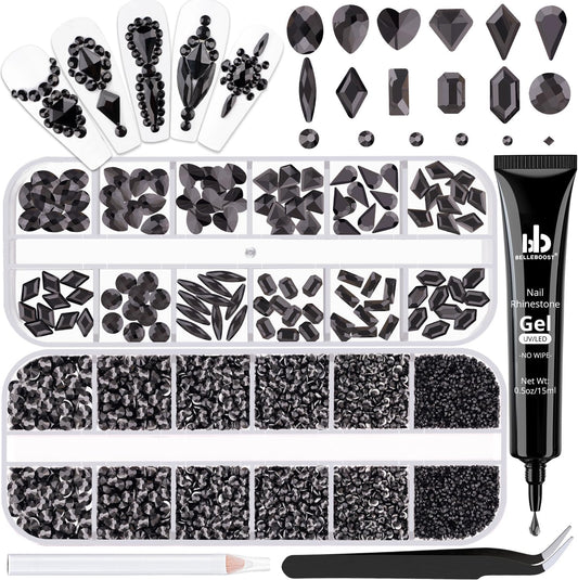2630Pcs Black Glass Nail Rhinestones: 120Pcs Multi Shapes + 2510Pcs 1.5-4mm Round, Nail Art, Manicure, Craft Beads-Velvo Beauty