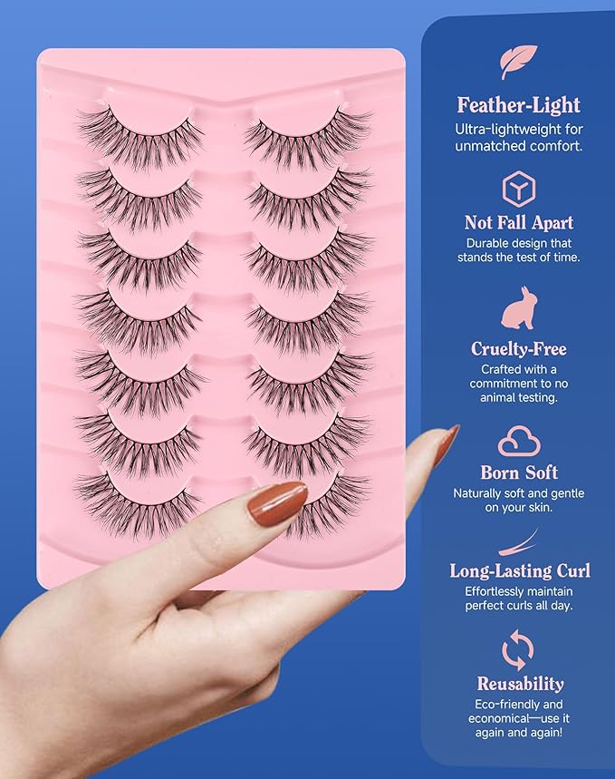 Wispy Lashes Natural Look Flared Strip False Eyelashes Round Eye Lash Soft False Mink Eyelash Fluffy Pack 7 Pairs 15MM D80-Velvo Beauty