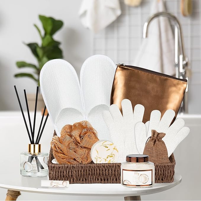 Bath and Body Gift Basket Set for Women - Coconut Vanilla Spa Gift Basket for Women 17-Piece Luxury Bath Gift Set with Shower Gel Self Care Pampering Gifts for Mothers Day, Christmas, Birthday Gifts-Velvo Beauty