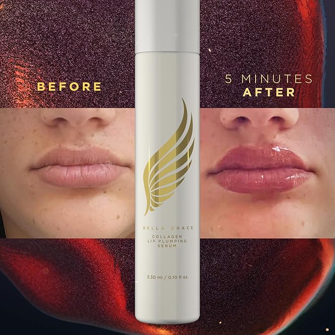 Bella Grace Vegan Collagen Lip Plumper Serum, Vitamin E, Peptides, Hydrating Lip Care Fuller Plumper Looking Lips, Supports Wrinkles, Fine Lines, Elasticity, Paraben, Sulfate & Cruelty Free, 0.1 fl oz-Velvo Beauty