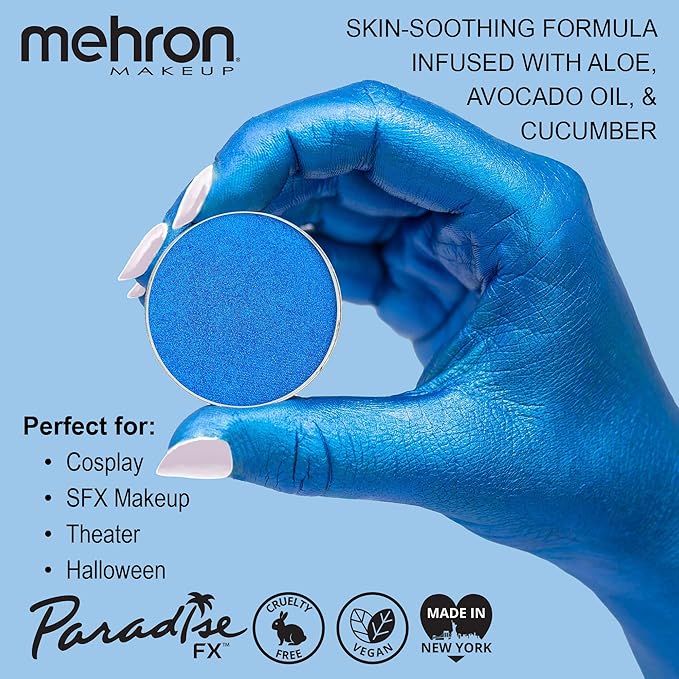 Mehron Makeup Paradise Makeup AQ Refill Size | Stage & Screen, Face & Body Painting, Cosplay, Halloween | Water Activated Face Paint, Body Paint, Cosplay Makeup .25 oz (7 ml) (Metallic Dark Blue)-Velvo Beauty