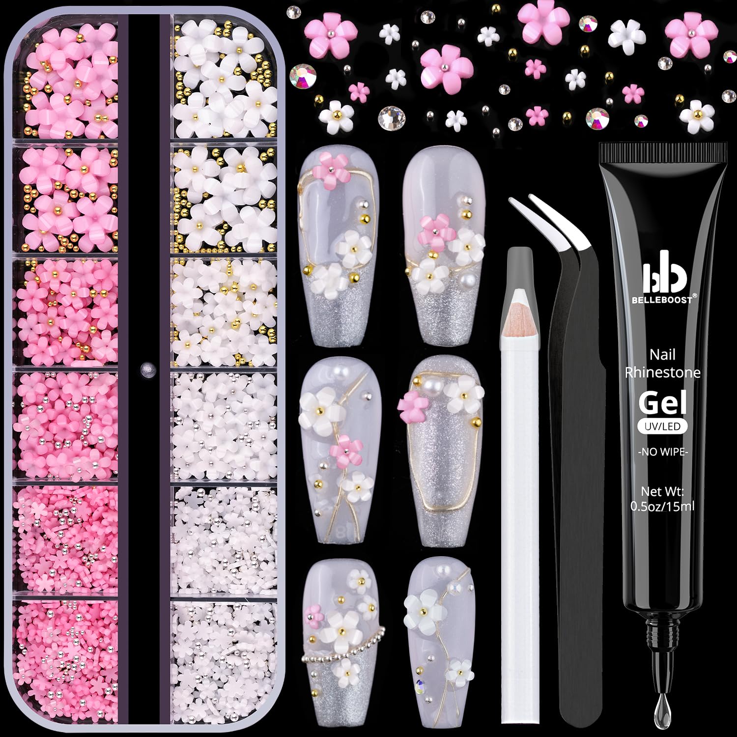 3D Flowers Manicure Gems with Nail Rhinestone Glue Gel, White Pink Acrylic Flower Charms Caviar Beads, Rhinestones for Nails Gem (UV/LED Needed) Dotting Tools-Velvo Beauty