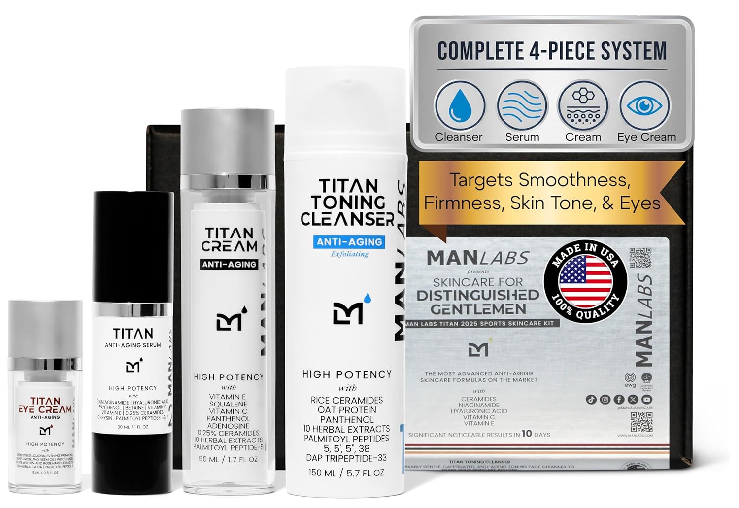 Titan Sports Anti-Aging Mens Skin Care Kit – Cleanser, Face Serum, Eye Cream, Face Moisturizer – Men, Skin Care Set – Dark Circles, Wrinkles, Fine Lines – Vitamin C, Niacinamide, HA–Unscented-Velvo Beauty