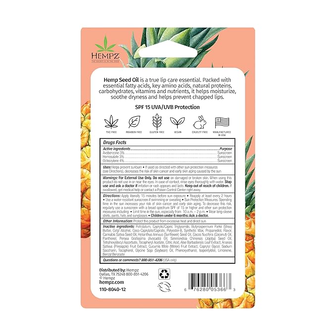 Hempz SPF 15 Lip Balm, Sweet Pineapple & Honey Melon Herbal Soothing Lip Care, for Men or Women .44 oz.-Velvo Beauty