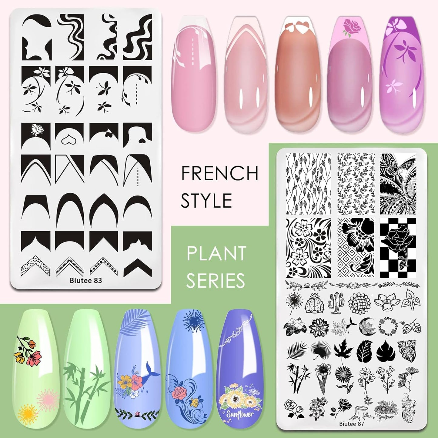 Biutee Nail Art Stamping Plates Set 10PCS French Line Stamp Templates, Nail Stamping Kit with Silicone Nail Stamper for DIY Print Manicure Salon Design Gift In Home-Velvo Beauty