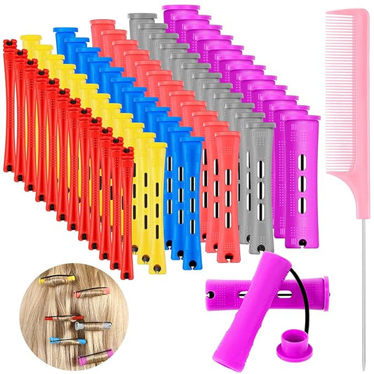 48 Pieces Hair Perm Rods Short Cold Wave Rods Plastic Perming Irons Hair Curling Rollers Curlers with Steel Pintail Comb Rat Tail Comb for Hairdressing Styling Supplies(6 Sizes,6 Colors)-Velvo Beauty