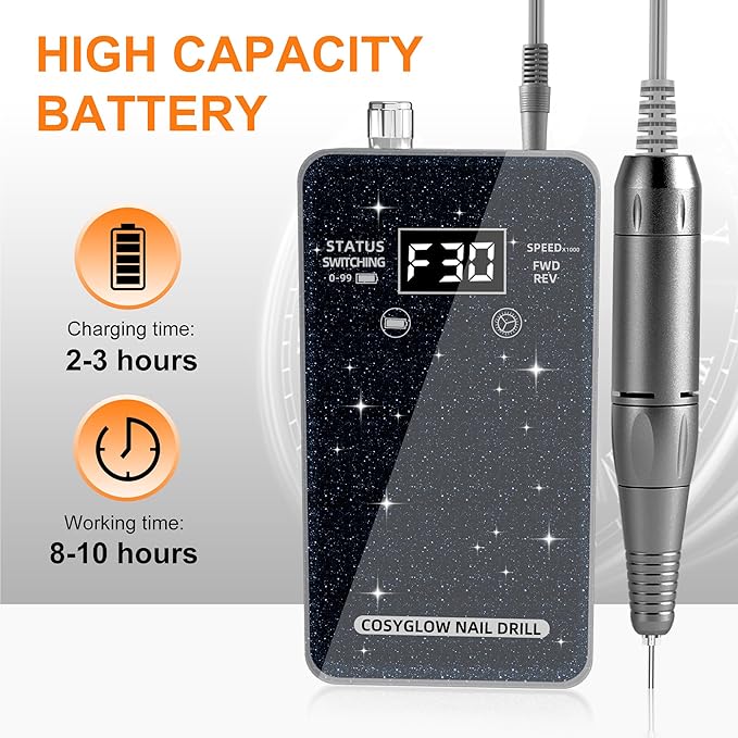 Professional Electric Nail Drill File:COSYGLOW Glitter Portable Cordless E-File Nail Drill Kit with 11 Drill Bits,30000 RPM Rechargeable Nail Drills Machine for Acrylic Nails Gel Polishing(Black)-Velvo Beauty