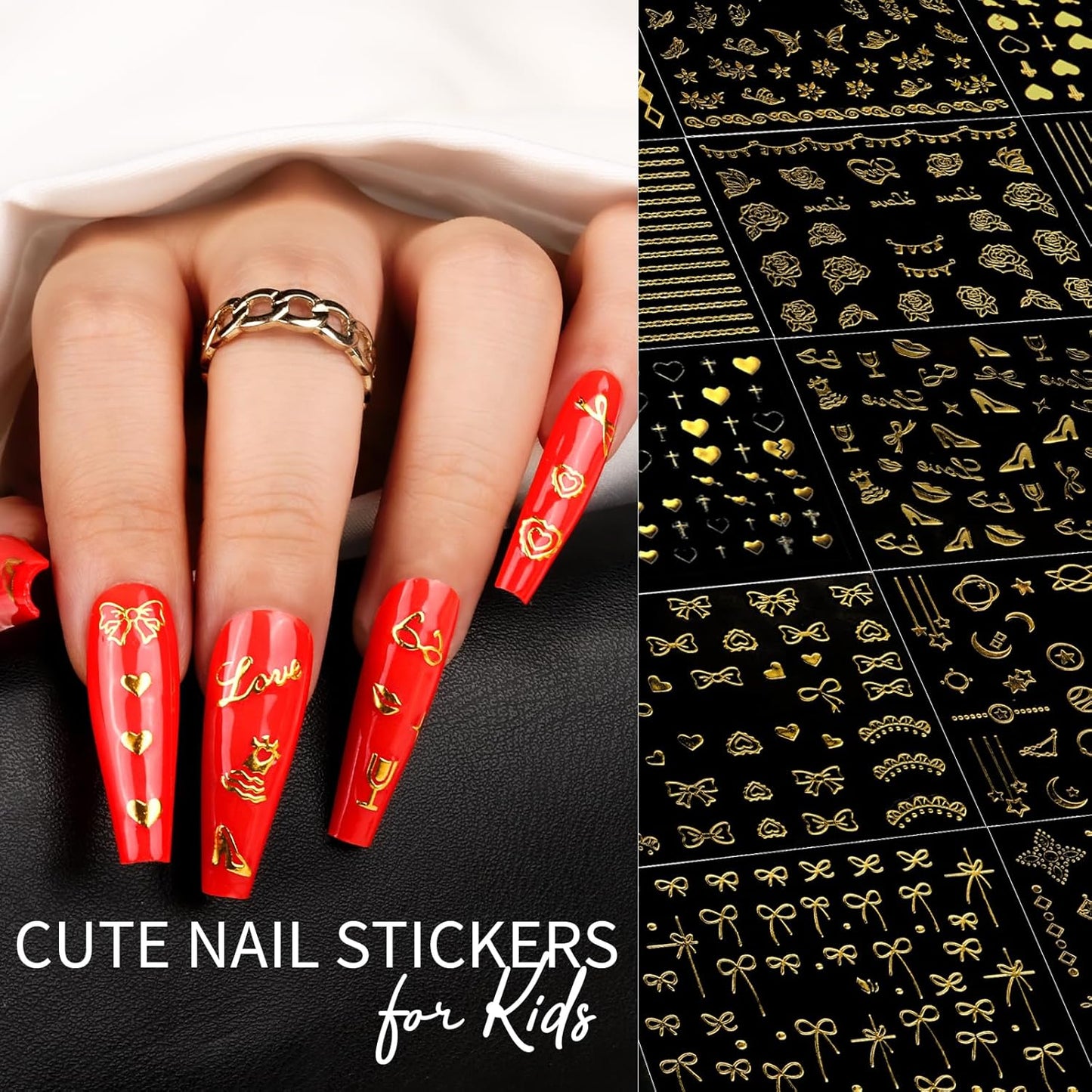 Teenitor 50 Sheets Nail Stickers for Nail Art, Nail Decals Gold Nail Stickers for Kids Women in Fall Winter Halloween Christmas, Nail Decorations-Velvo Beauty