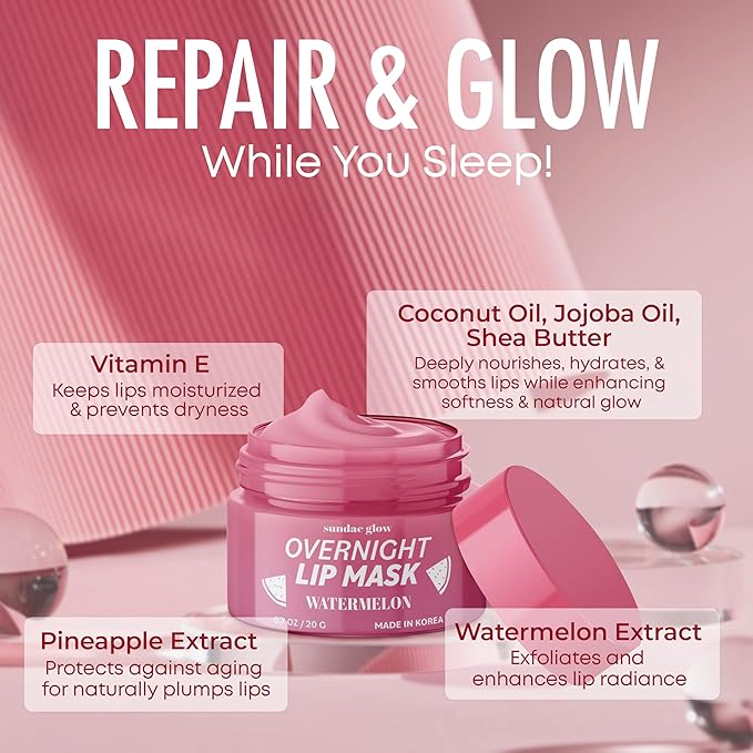 Watermelon Lip Mask - Dermatologist Tested, Anti-Aging, Korean Skin Care, Deep Hydration, Overnight Lip Repair - Vegan, Clean Beauty, 95% Natural, Cruelty-Free - 1 Pack-Velvo Beauty