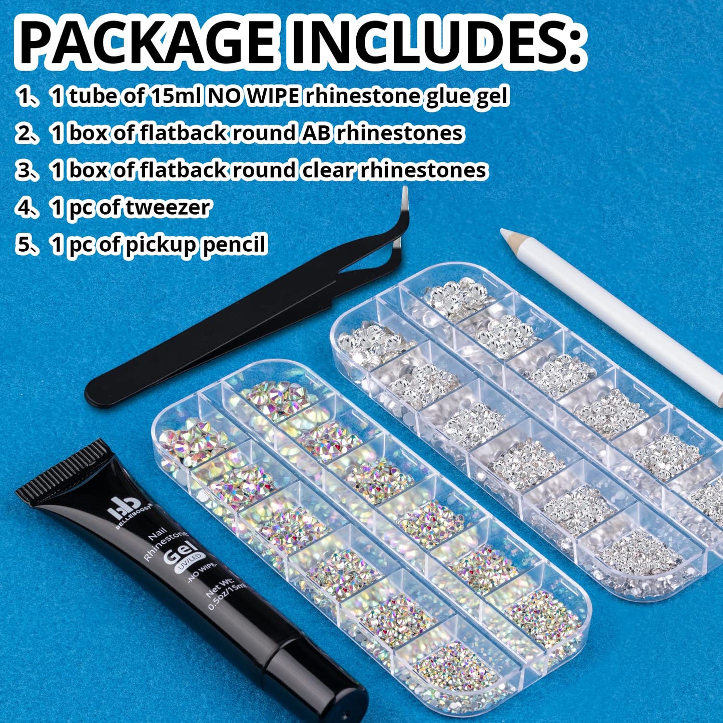 Nail Art Rhinestone Glue Gel&2 Boxes Flatback Gems Kit, 1 Tube of 15ml Rhinestone Gel Glue(UV/LED Needed)+Crystal AB Gems+Flat-Back Round Glass Clear Gemstones with Pickup Tools-Velvo Beauty